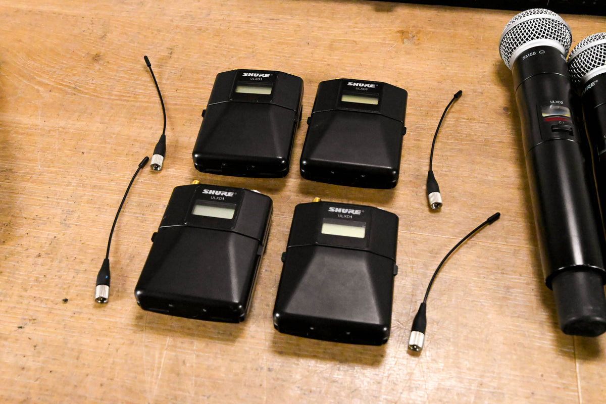 Shure ULXD4Q Receiver w/ 4 Handhelds + 4 Packs + 4 Lav Mics - L50 Band