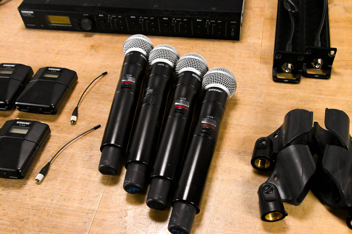 Shure ULXD4Q Receiver w/ 4 Handhelds + 4 Packs + 4 Lav Mics - L50 Band