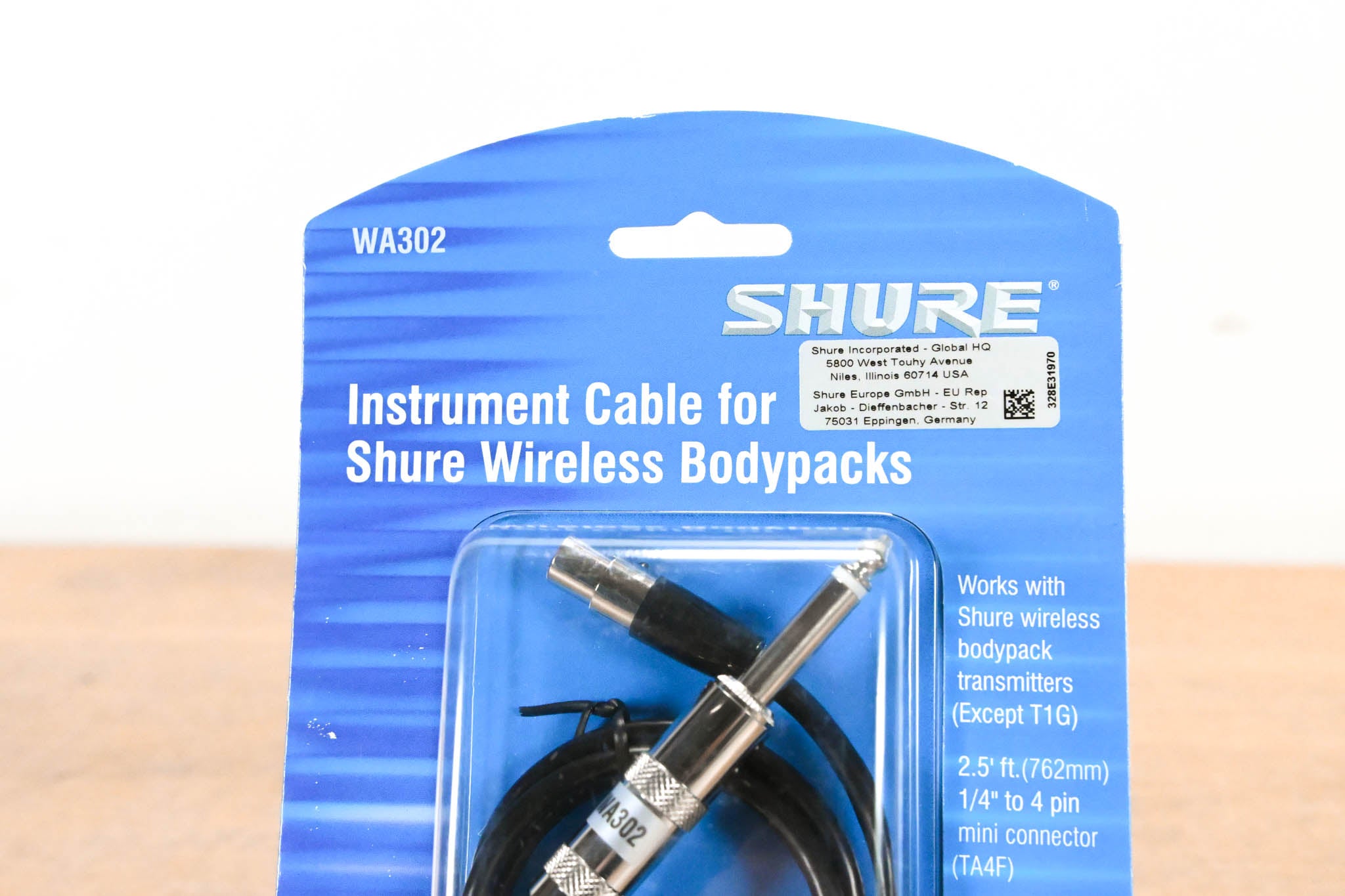 Shure WA302 TA4F to 1/4" Instrument Cable for Wireless Bodypacks - 2.5'