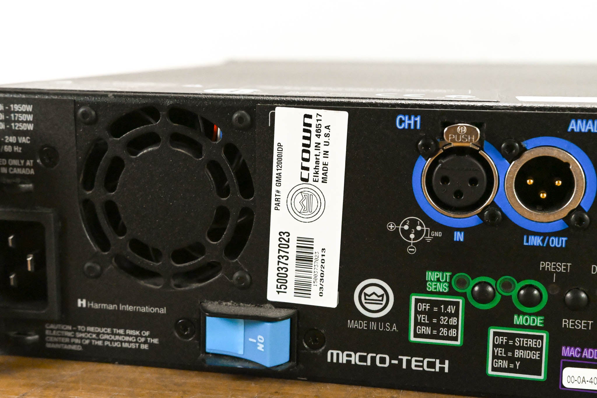Crown MA 12000i Macro-Tech 2-Channel Power Amplifier, 4500W @ 4 ohms