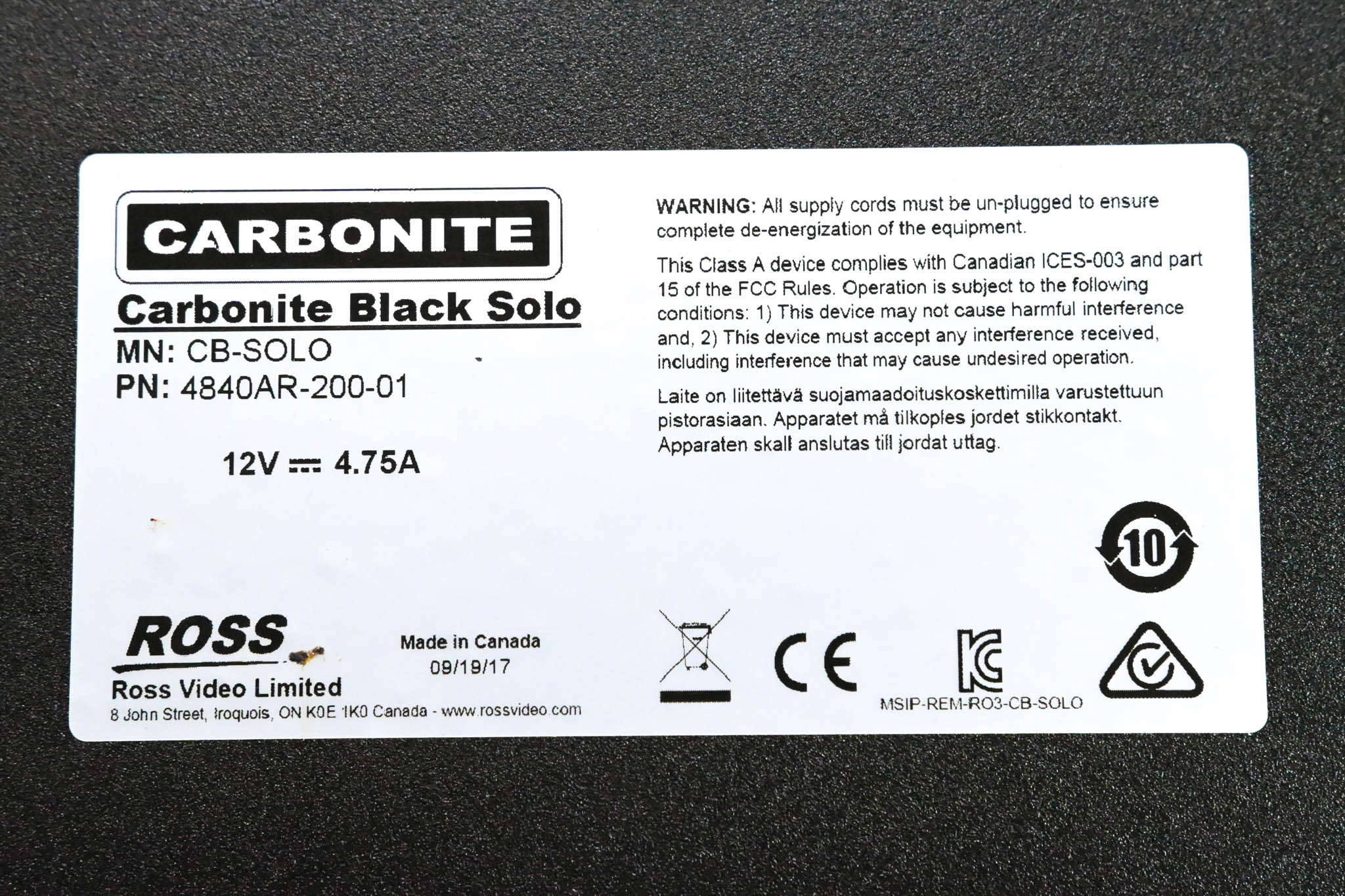 Ross Carbonite Black Solo 1 M/E Live Production Switcher