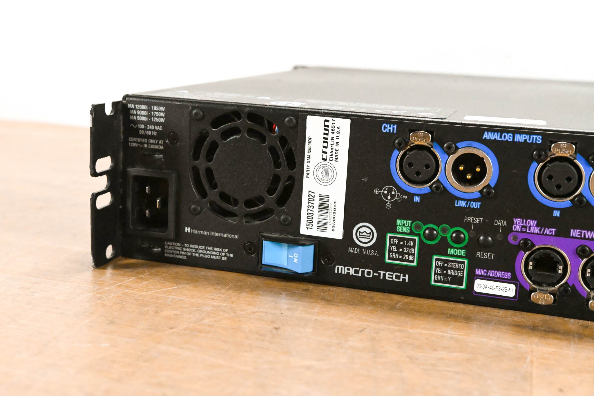 Crown MA 12000i Macro-Tech 2-Channel Power Amplifier, 4500W @ 4 ohms