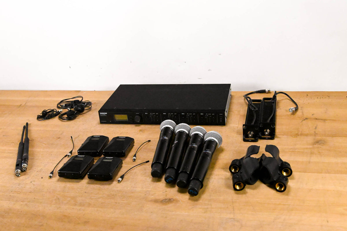 Shure ULXD4Q Receiver w/ 4 Handhelds + 4 Packs + 4 Lav Mics - L50 Band