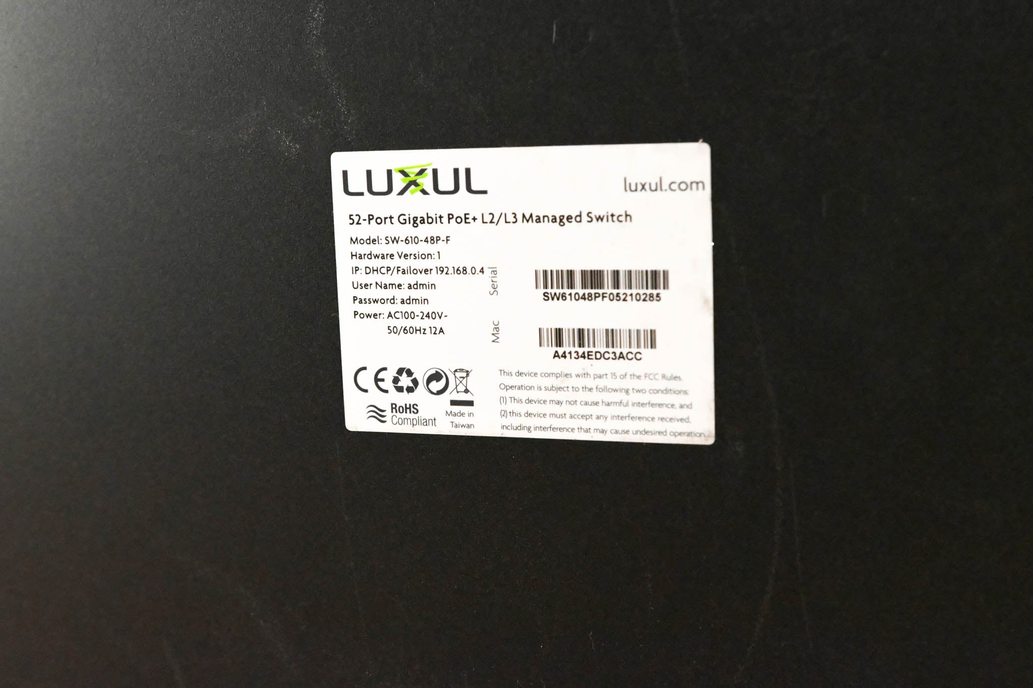 Luxul SW-610-48P-F 48-Port Gb PoE+ L2 L3 Managed Switch with 4 SFP+